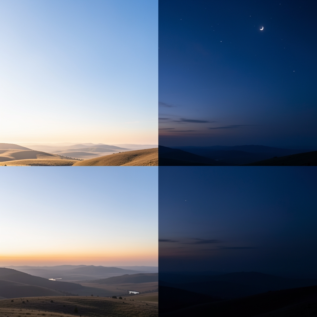 Abstract representation of day-night cycles shown through a photograph of a landscape transitioning from bright midday sun to deep blue dusk sky