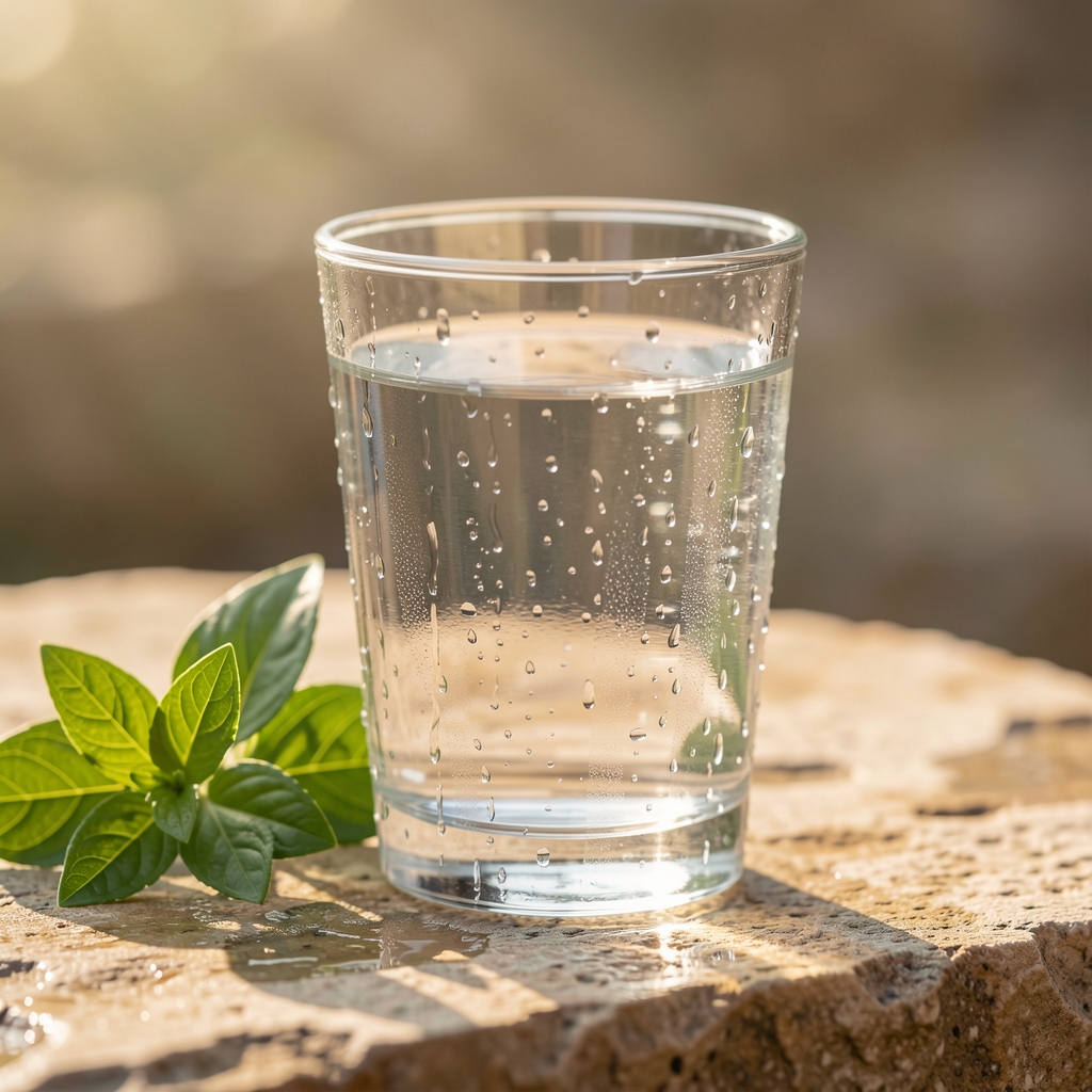 Clear glass of water with condensation droplets on a natural stone surface beside fresh green leaves in soft morning light
