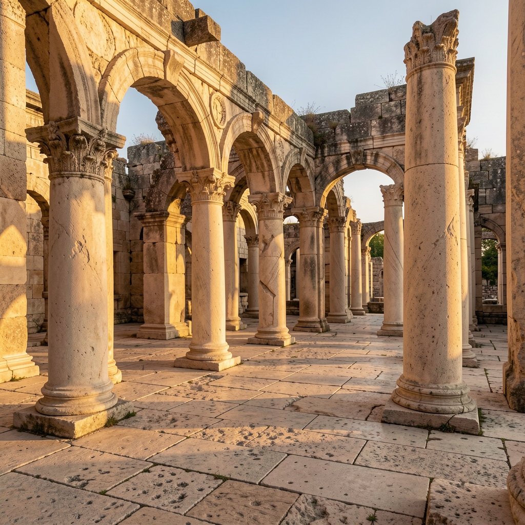 Ancient stone ruins of a classical colonnade in warm golden afternoon light, evoking historical Mediterranean civilisation and scholarly heritage