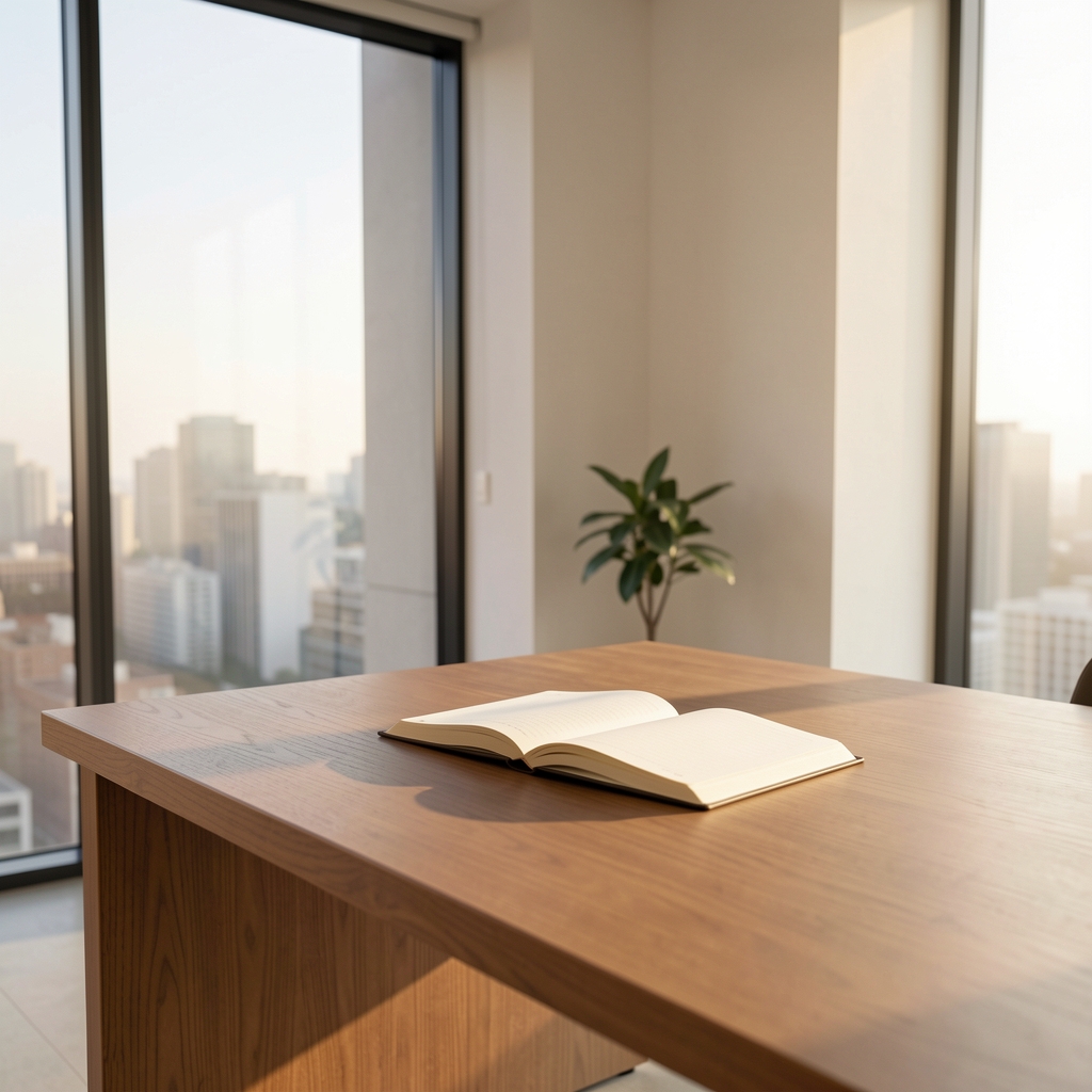Modern minimalist office interior with a wooden desk, open notebook, and soft afternoon light coming through large windows