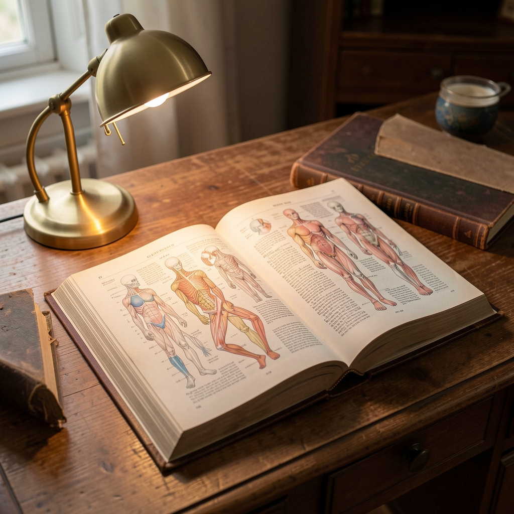Open vintage encyclopedia on a wooden desk beside a brass reading lamp, pages showing detailed anatomical diagrams without explicit medical content