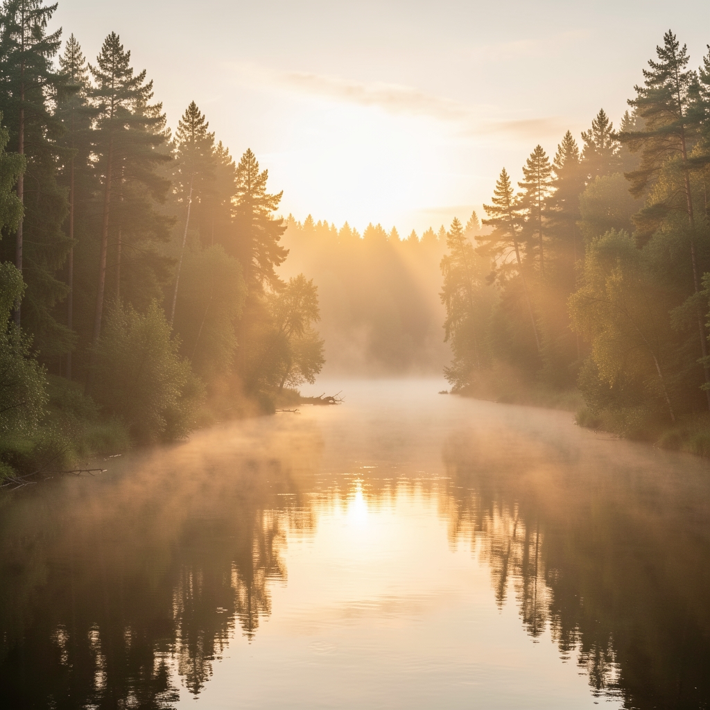 Serene landscape at dawn with warm golden light filtering through mist over a calm river surrounded by dense forest
